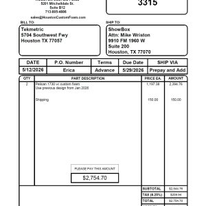 HCF Invoice #3315 Tekmetric $2754.70
