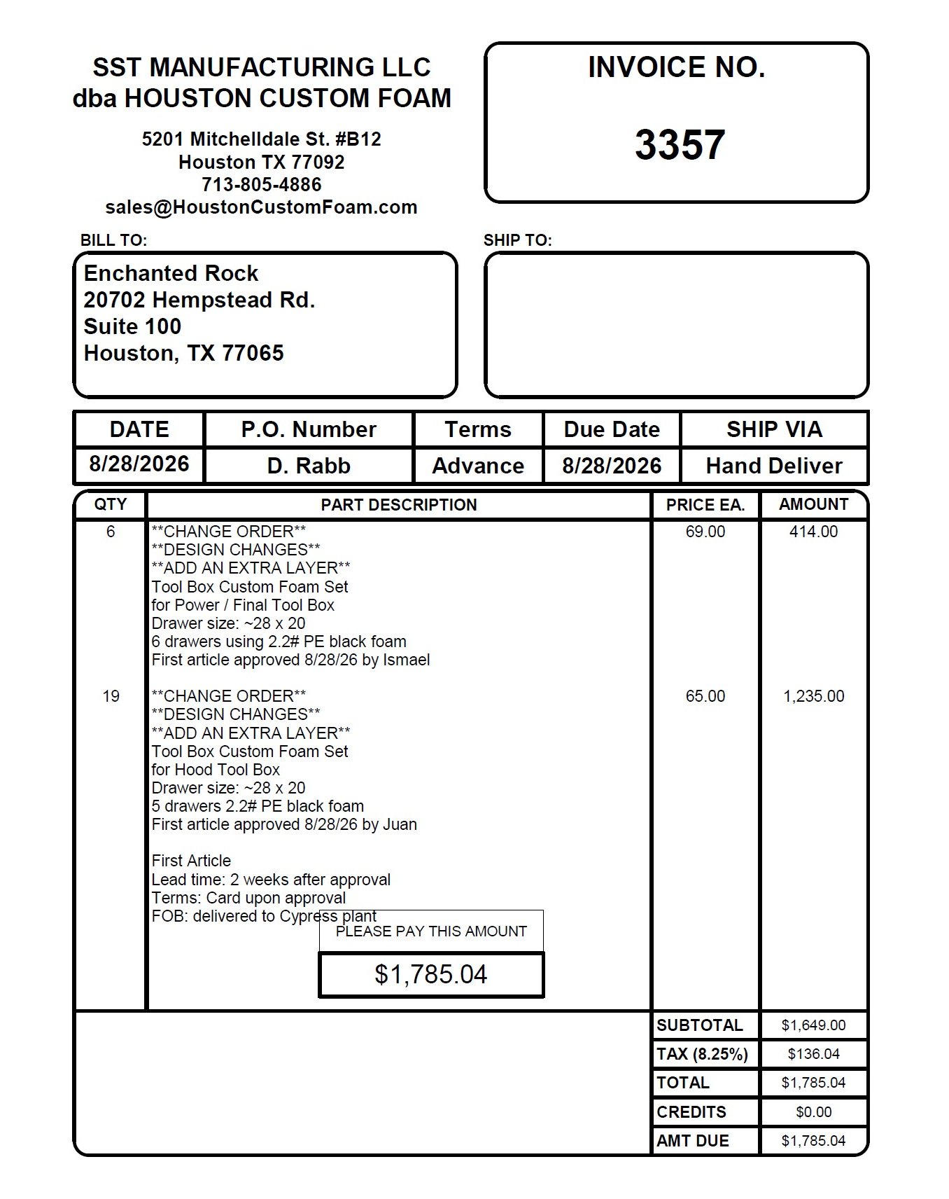 HCF Invoice #3357 - EROCK Power/Final & Hood Tool Boxes - CHANGE ORDER