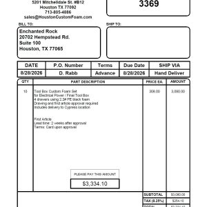 HCF Invoice #3369 - EROCK ELEC P/F Tool Box Foam x10